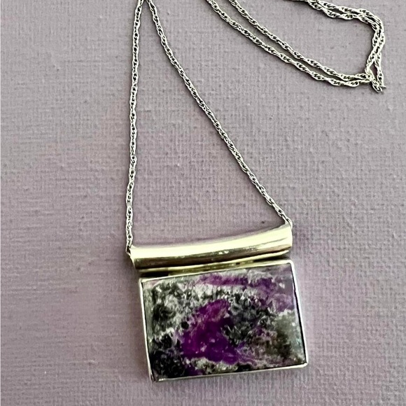 Vintage Sterling Silver Purple Moss Agate Necklace - Picture 3 of 4